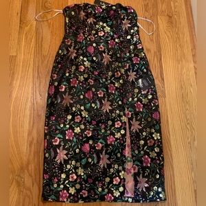Never-worn LuLu’s black satin floral strapless dress